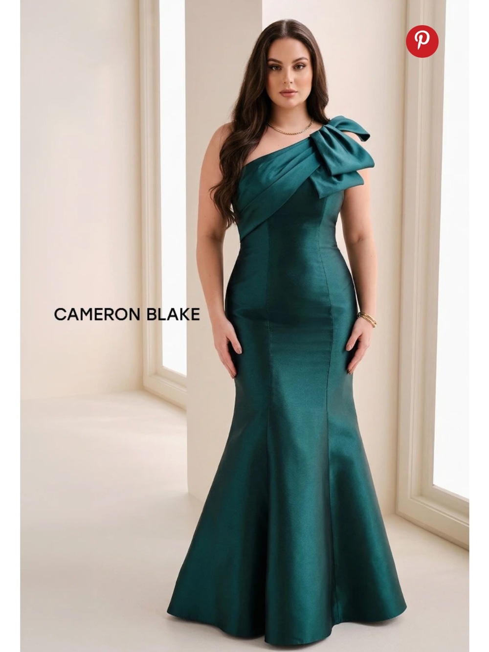 Cameron Blake Emerald One-Shoulder Bow Gown